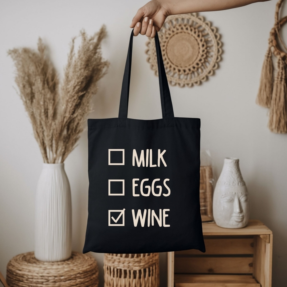Custom Black Tote Milk Eggs Wine